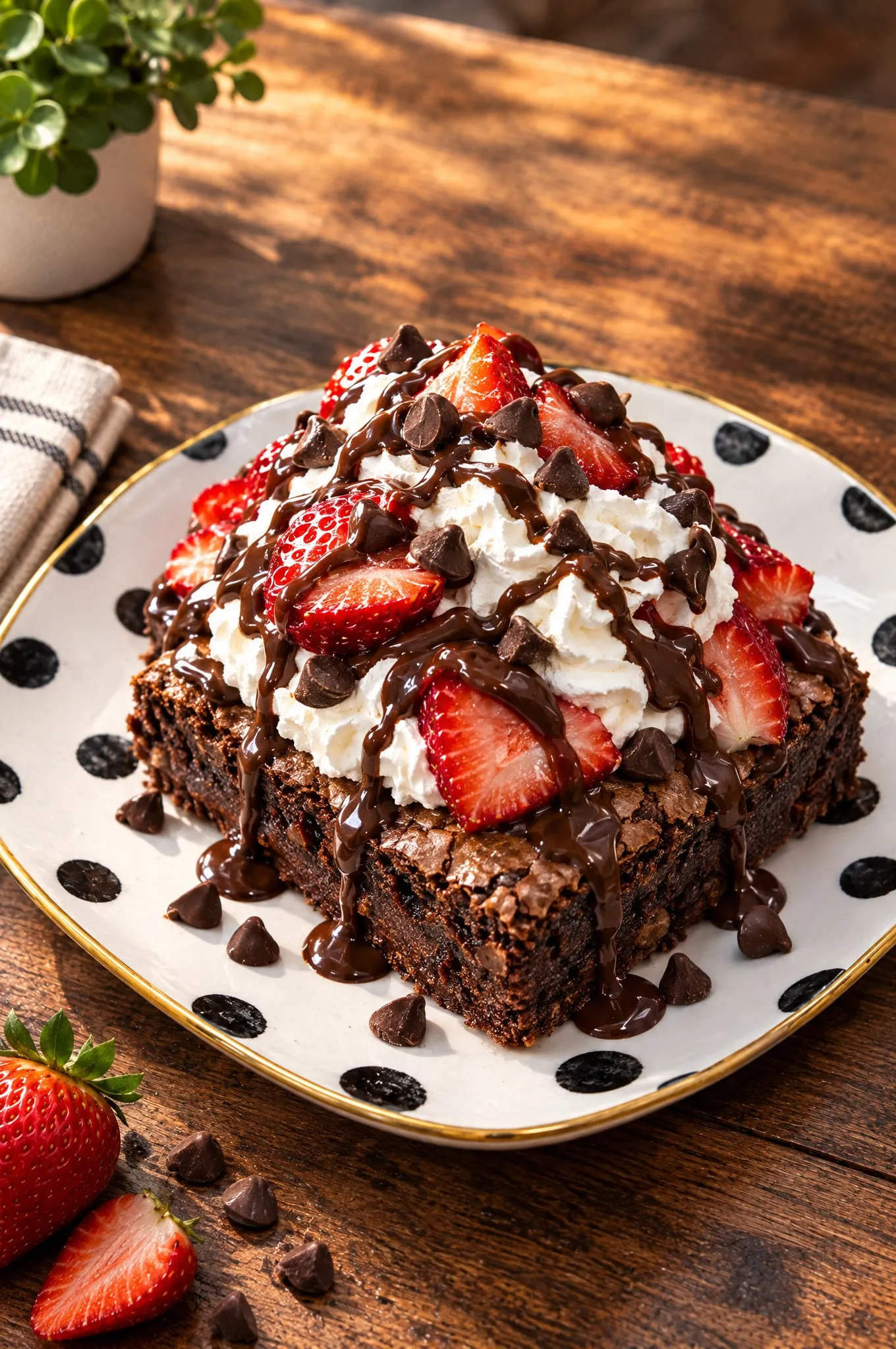 Brownie con fresas de Freseable: Brownie denso y húmedo con chantilly, fresas frescas, salsa de chocolate y chispas.