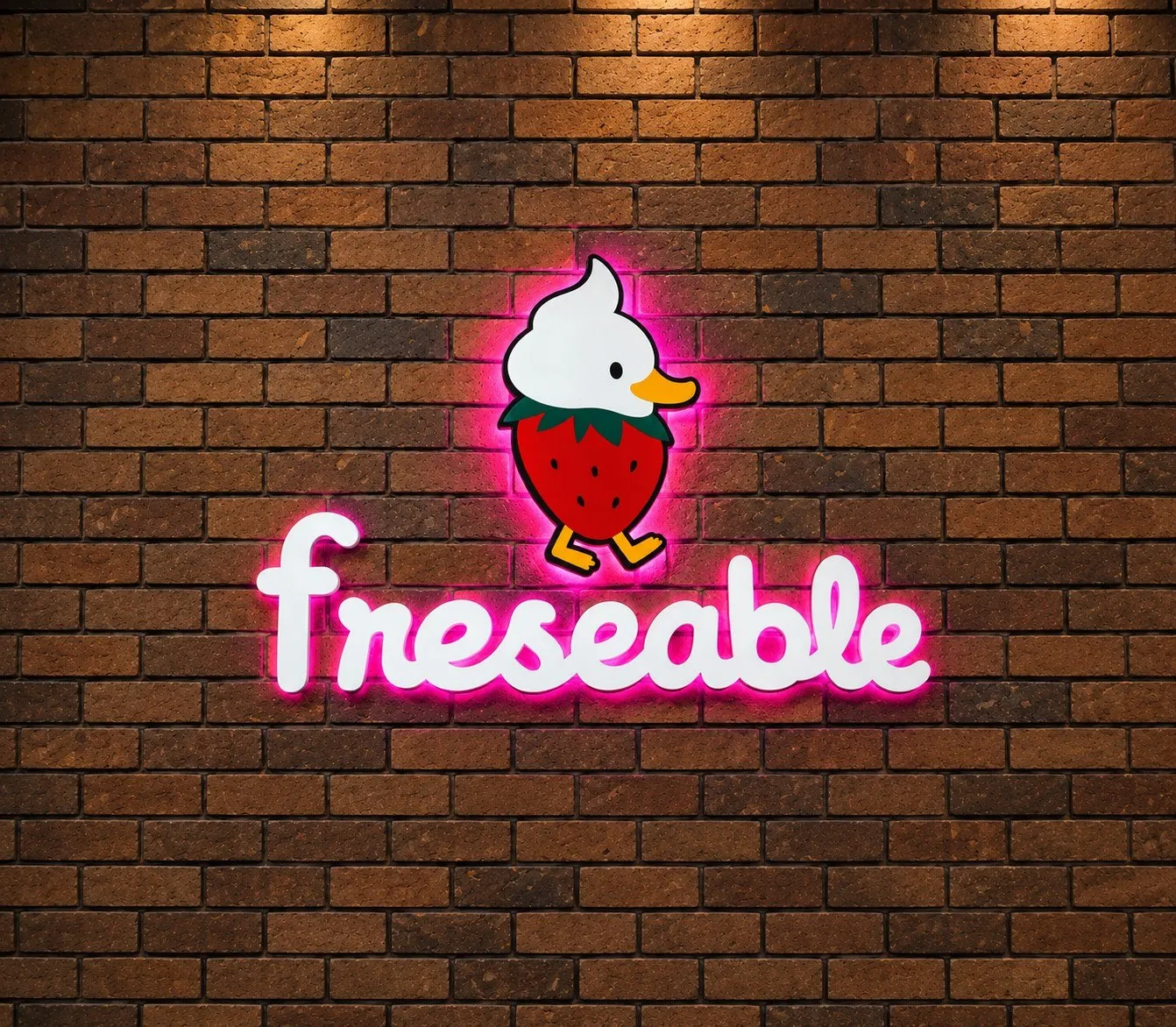 Letrero de neón rosa de Freseable con la mascota: un pato con cuerpo de fresa y copete de chantilly