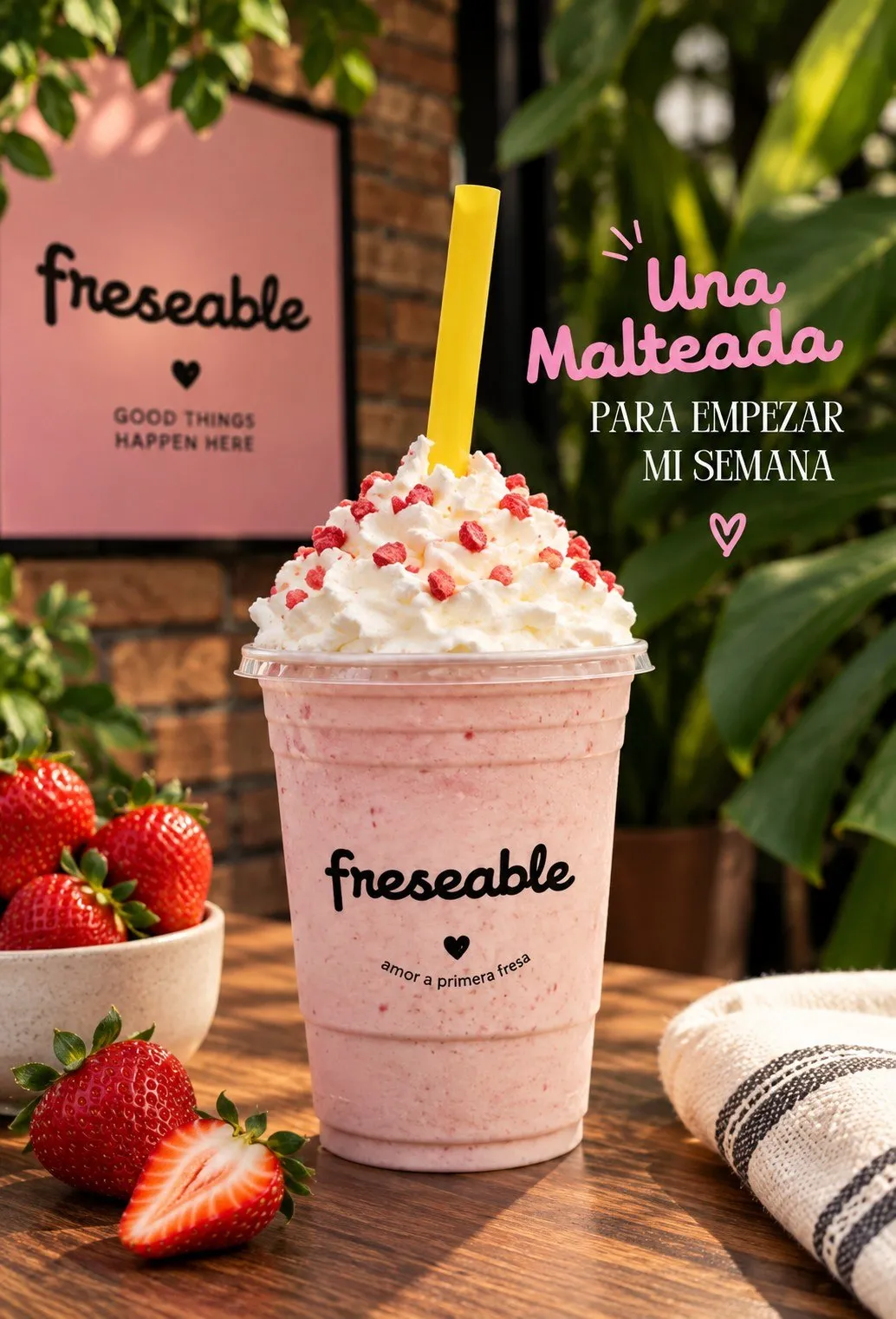 Bebidas de fresa de Freseable: Malteada cremosa de fresa coronada con chantilly y fresa deshidratada. Se toma con popote y sin prisa.