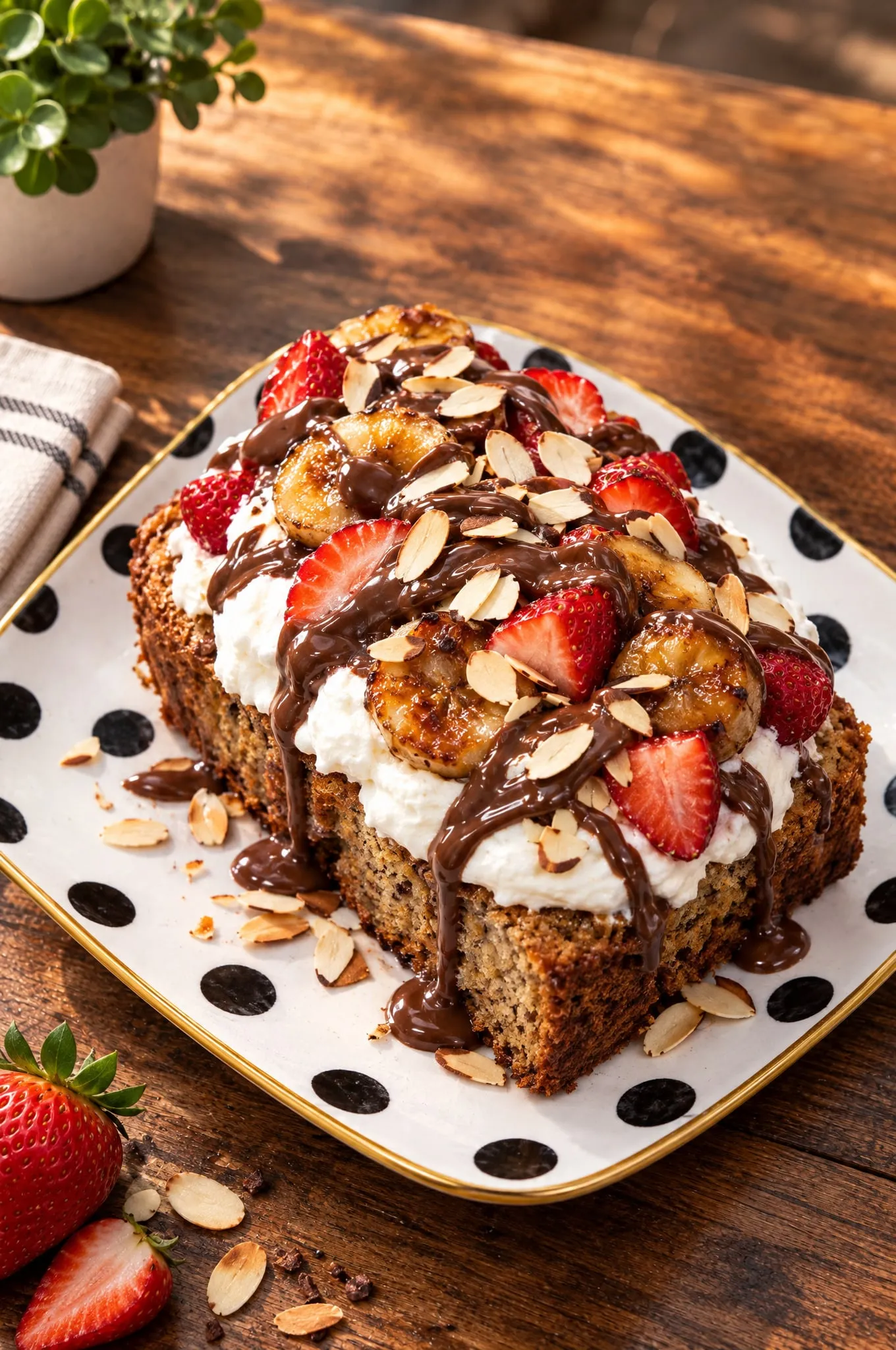 Pastel de plátano de Freseable: Rebanada de pastel de plátano con chantilly, fresas, chocolate y almendra. Sabe a domingo.