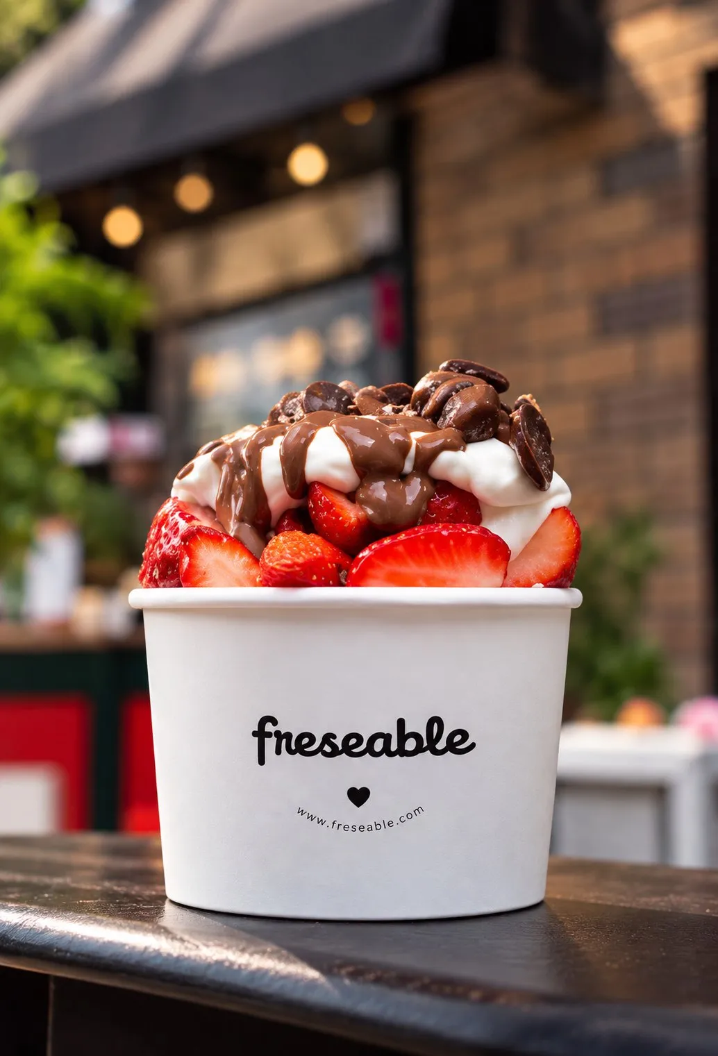 Vaso Freseable de Freseable: Fresas recién partidas, chantilly esponjosita y chocolate que escurre hasta el fondo del vaso.