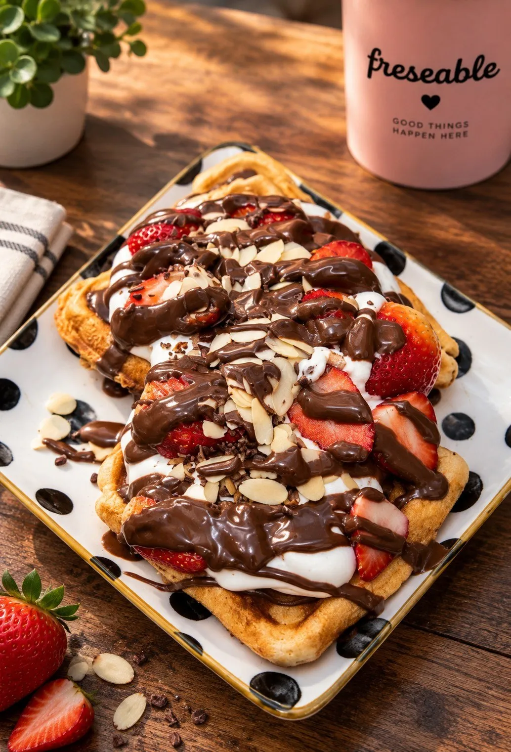 Waffle con fresas de Freseable: Waffle dorado con fresas, chantilly, chocolate derretido y almendra fileteada tostada.