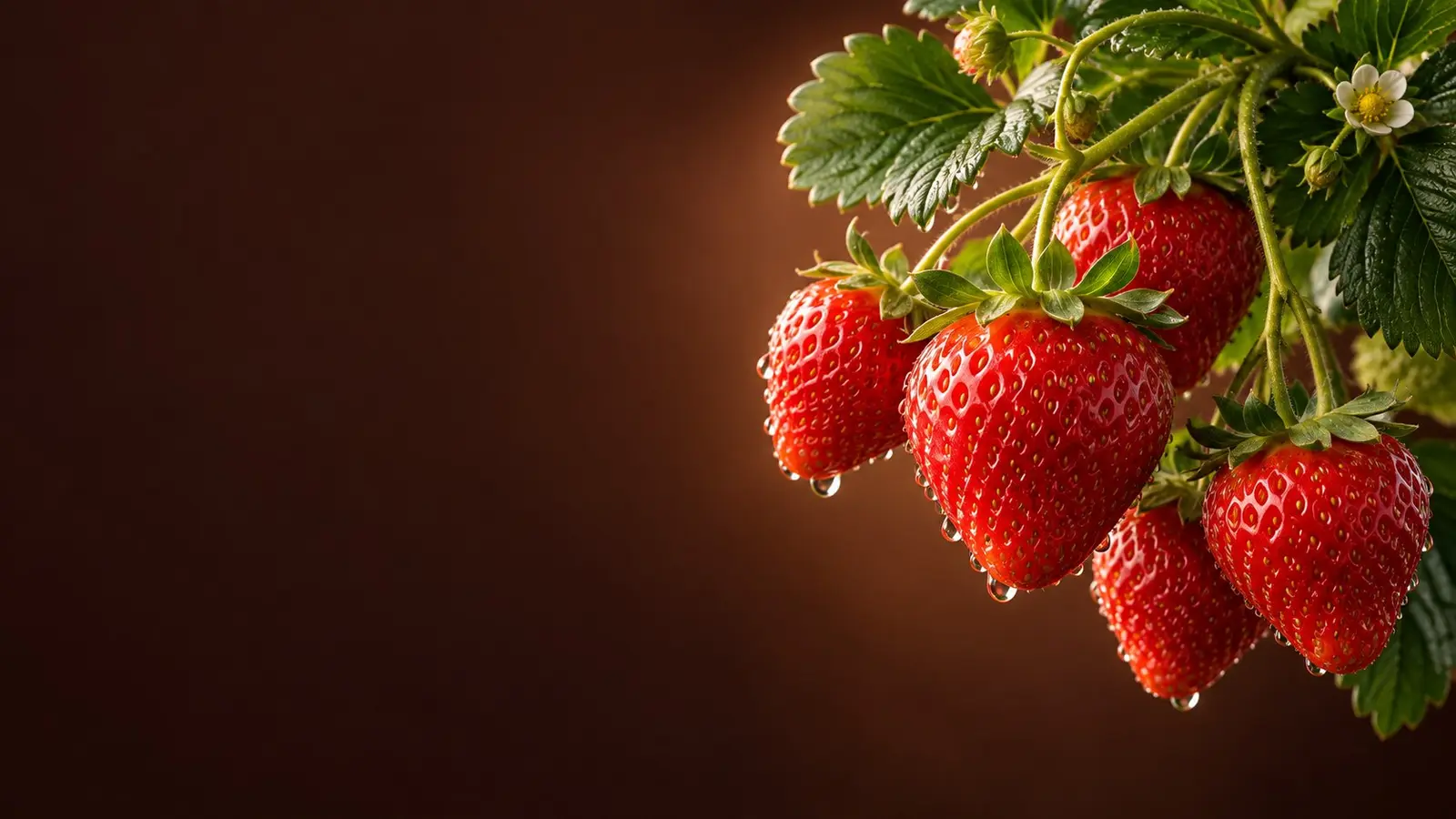 Fresas rojas con gotas de rocío colgando de la planta sobre fondo chocolate